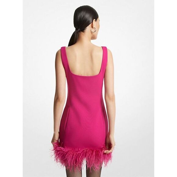 NWT Michael Kors Feather Trim Stretch Crepe Shift Dress in deep /fushia.  Size 6 - Picture 2 of 8